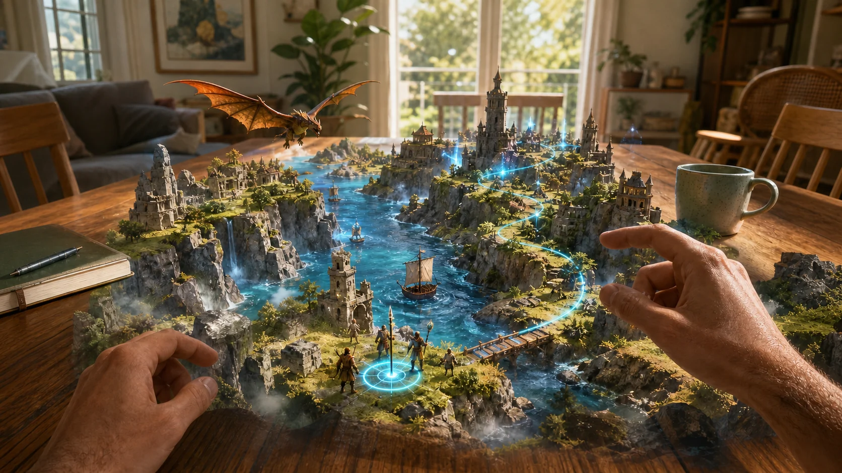 A first-person mixed-reality adventure unfolding across a real wooden table